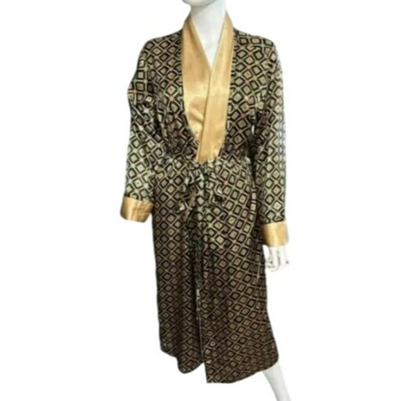 Victoria's Secret Vtg Black Gold Kimono Robe & Pajama Set Retro Old Time Glamour - Picture 8 of 11